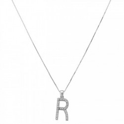 Dije letra "R" en oro blanco de 14k 0.13 ct