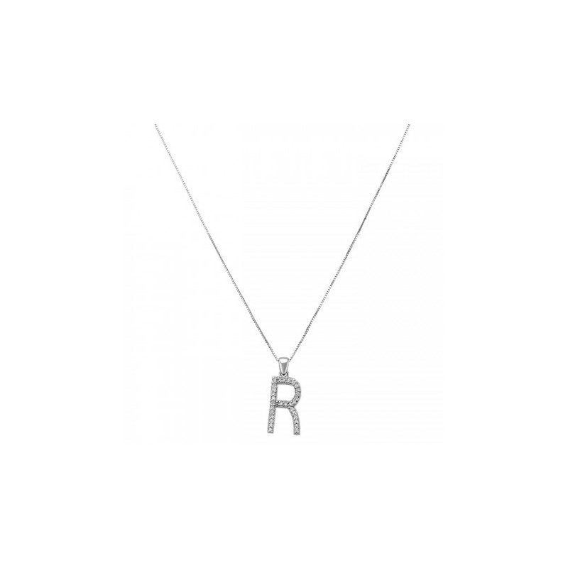 Dije letra "R" en oro blanco de 14k 0.13 ct