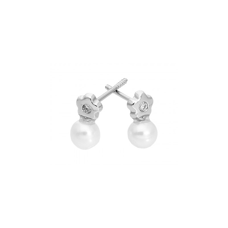 Broqueles para niña con perla 3.8 mm y diamante de 0.02 ct