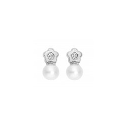 Broqueles para niña con perla 3.8 mm y diamante de 0.02 ct